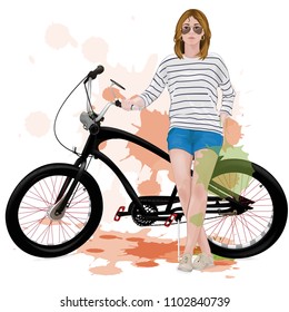 A bike. Vector bicycle. Brick background. blots. Paint. Vector girl. Girl in a striped T-shirt. Girl in glasses. Girl in shorts