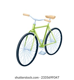 Bike vector illustration. Cartoon isolated classic green bicycle with black two wheels and pedals to cycle and travel on road, single bike for active boy cyclist, healthy summer outdoor ride of man