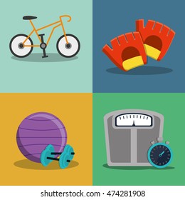bike weight ball gloves scale healthy lifestyle fitness gym bodybuilding icon set. Colorful and flat design. Vector illustration
