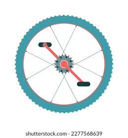 Bike wheel with chain ring and break pedals icon. Sport gear spare parts. Cycling equipment sign. Vector illustration.