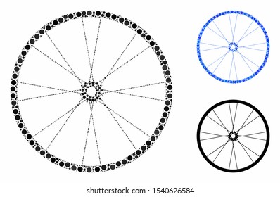 Bike wheel composition of filled circles in variable sizes and color tinges, based on bike wheel icon. Vector filled circles are united into blue composition.