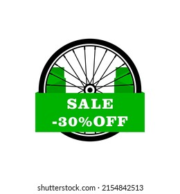 Bike wheel with ribbon banner. Discount and sale. Isolated vector illustration with bicycle wheel.