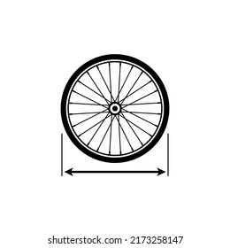 Bike wheel size. Vector illustration with double arrow. Drawing and icon on a white background. 