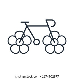 Bike. Wheels are like flowers. Environmentally friendly transport. Caring for health and the environment. Vector linear icon isolated on white background.