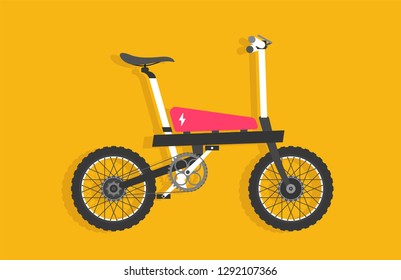 Bike white, pink and black. Electric Bike. Bicycle sign for web or print in flat design. Yellow background with big city on background. Vector illustration.