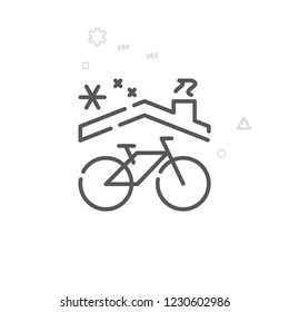 Bike Winter Storage Vector Line Icon. Bicycle Service Symbol, Pictogram, Sign. Light Abstract Geometric Background. Editable Stroke. Adjust Line Weight. Design With Pixel Perfection.