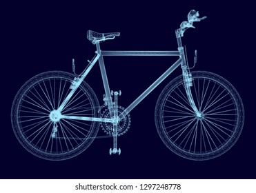Bike wireframe. Side view. Polygonal bike on a dark blue background. Vector illustration.