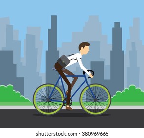 bike to work businessman employee using bike to work along the rod with city background