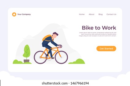 Bike to work Concept Vector Flat Illustration for landing page, wallpaper, background, banner, advertising, web, business