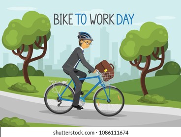 Bike To Work Day. Business Man Riding Bike In Helmet In The City Park. Business Man With Bag. Bicycle With Basket. Vector Illustration.