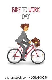 Bike to Work Day. Business woman with bag driving a bike on white background. Vector illustration.