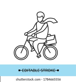 Bike To Work Icon. Man Riding Bicycle, Commuting To Office Linear Pictogram. Return To The Office And Avoiding Crowds In Public Transport After Covid Quarantine Illustration. Editable Stroke Vector