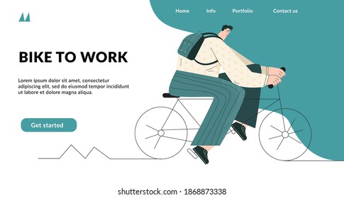 Bike To Work. Modern Man In Suit Is Riding On Bike In A City Street.  Urban Hipster Bicycles. Active Business Person. Social Media Landing Page Heading Concept. Template For Website, Poster, Banner