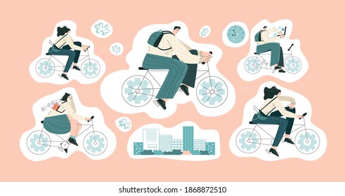 Bike to work. Set of sticker for planner and diaries flat vector illustration. Collection of badge template decorated with trendy characters. Scrapbook, calendar, typography, reminder, label pack