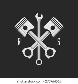 ?ar or bike workshop logo template (concept). Vector illustration.
Car engine pistons and spanner combined in vector sign. Logo template.