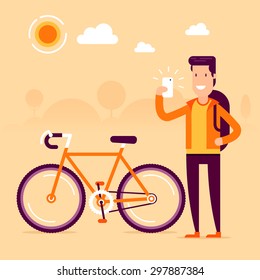 Bikeman in front of modern bike making selfie and sharing his awesome sport results by social networks. Fully editable vector illustration. Perfect for cards, pictures, flayers.