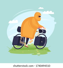 Bikepacking. Man rides in a raincoat on a bicycle, traveling by bicycle. Flat design vector illustration.