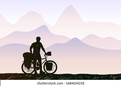 Bikepacking in mountain landscape. Traveling man standing with touring bicycle with bags silhouette hand drawn vector