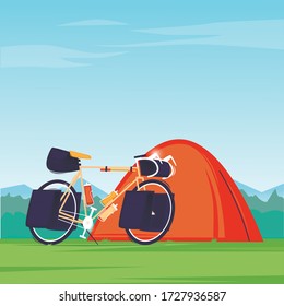 Bikepacking, traveling by bike. Flat design vector illustration.