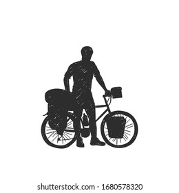 Bikepacking. Traveling long distanse cyclist silhouette standing with bicycle, hand drawn vector isolated on white