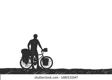 Bikepacking. Traveling man standing with touring bicycle with bags silhouette hand drawn vector