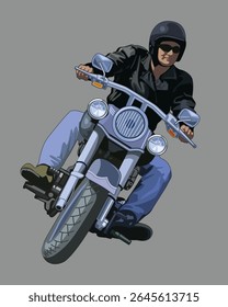 Biker in action  riding a motorcycle illustration design. Isolated on a grey background.