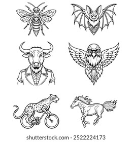 Tatuajes de animales moteros, búfalo, murciélago, avispa, caballo, guepardo, búho. Conjunto de bocetos de Vector en estilo de arte de línea