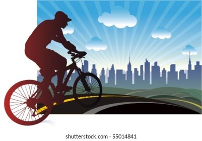 Biker arriving to a city through a graphic window.
