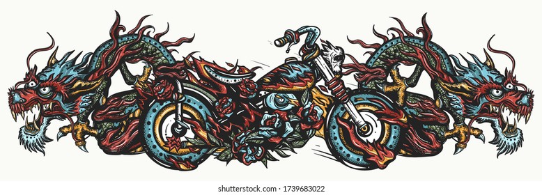 Biker art. Burning chopper motorcycle and asian dragons. Cool motorbike, moto sport concept. Lifestyle of racers. Color Tattoo and t-shirt design 