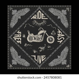 diseño de Vector de bandana de motorista, diseño de patrón de motorista vintage con moto y tipografía de águila, diseño de camiseta vintage occidental