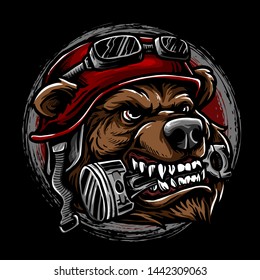 biker bear with piston in the mouth and retro biker helmet vector illustration