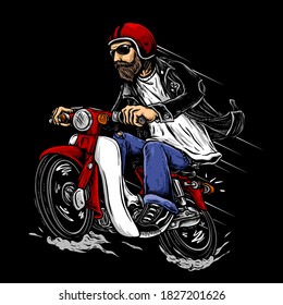 biker with bearded and retro helmet ride a small engine classic or vintage Japanese motorcycle vector illustration