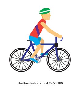 Biker with bicycle vector. Flat design. Summer fun. Man in sportswear and helmet riding on bicycle. Moving activity and healthy life. For sport concept. Sport competition. Isolated on white background