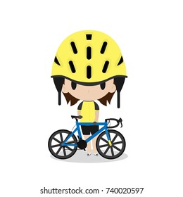 Biker and blue touring bicycle cartoon flat vector design.