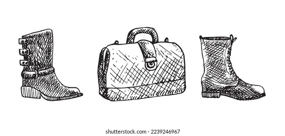 Biker Boots, Doctors bag, Combat Boots, style collection isolated hand drawn outline doodle, sketch, black and white illustration with inscription