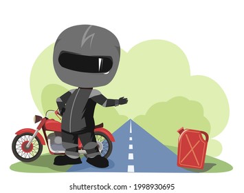 Biker cartoon. Child illustration. Asks for gasoline. Sports uniform and helmet. Cool motorcycle. Chopper bike. Funny motorcyclist. Isolated on white background. Vector