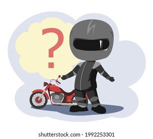 Caricatura de motociclista. Ilustración infantil. No lo sabe. uniforme deportivo y casco. Genial moto. Bicicleta de helicóptero. Funny motociclista. Aislado sobre fondo blanco. Vector