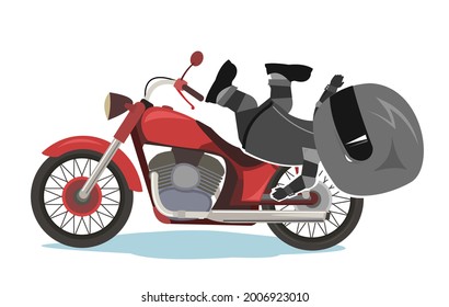 Biker cartoon. Child illustration. Fell. Sports uniform and helmet. Cool motorcycle. Chopper bike. Funny motorcyclist. Isolated on white background. Vector