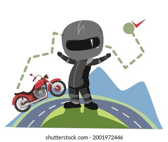 Caricatura de motociclista. Ilustración infantil. Llegando a la línea de meta. uniforme deportivo y casco. Genial moto. Bicicleta de helicóptero. Funny motociclista. Fondo aislado. Vector