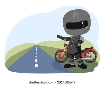 Biker cartoon. Child illustration. Hiking. Sports uniform and helmet. Cool motorcycle. Chopper bike. Funny motorcyclist. Isolated on white background. Vector