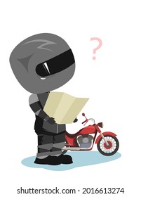 Caricatura de motociclista. Ilustración infantil. Buscando el camino en el mapa. uniforme deportivo y casco. Genial moto. Bicicleta de helicóptero. Funny motociclista. Aislado sobre fondo blanco. Vector