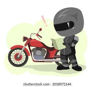 Caricatura de motociclista. Ilustración infantil. Navegación. uniforme deportivo y casco. Genial moto. Bicicleta de helicóptero. Funny motociclista. Aislado sobre fondo blanco. Vector