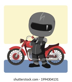 Biker cartoon. Child illustration. Sports uniform and helmet. Cool motorcycle. Chopper bike. Funny motorcyclist. Isolated on white background. Vector
