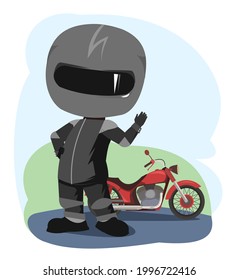 Caricatura de motociclista. Ilustración infantil. Ondeando la mano. uniforme deportivo y casco. Genial moto. Bicicleta de helicóptero. Funny motociclista. Aislado sobre fondo blanco. Vector