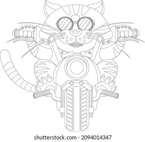 The biker cat coloring book. Vector illustration of a tiger motorcyclist.
