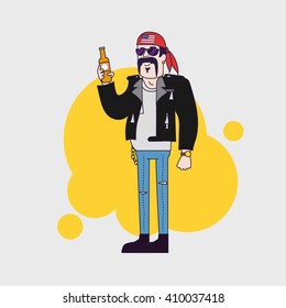biker character in sunglasses and leather jacket with beer bottle. Linear flat design.