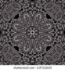 Biker classy bandana.  Black and white   pattern with paisley and geometric signs. Vector print square -black background.
