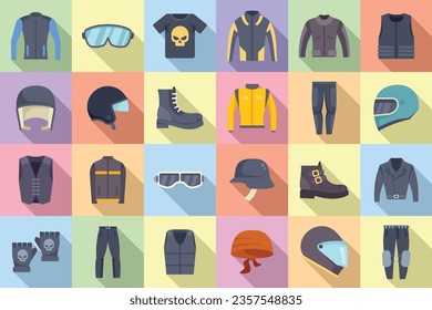 Biker clothes icons set flat vector. Gear motorbike. Biker driver