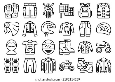 Biker clothes icons set outline vector. Motorcycle gear. Gear accessories