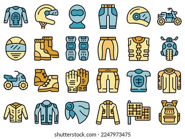 Biker clothes icons set outline vector. Motorcycle gear. Gear accessories color flat